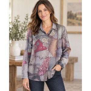 OUFISUN Women XL Multicolor Patchwork Print Button Up Shirt Art to Wear Boho 554